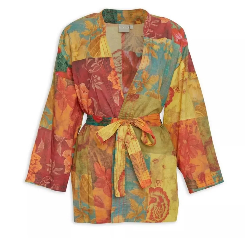 ZARA Patchwork Kimono Jacket Belted SashBoho Artisan Floral Print m /L - Picture 5 of 11